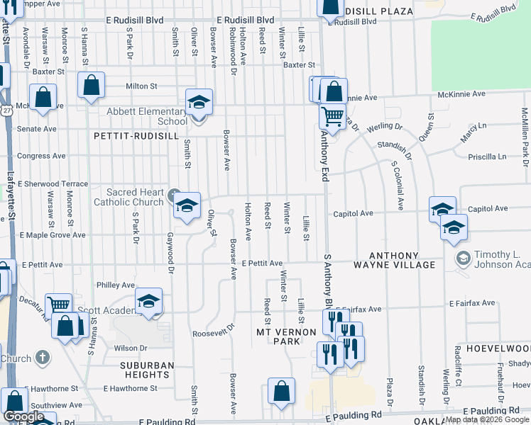 map of restaurants, bars, coffee shops, grocery stores, and more near 4717 Holton Avenue in Fort Wayne