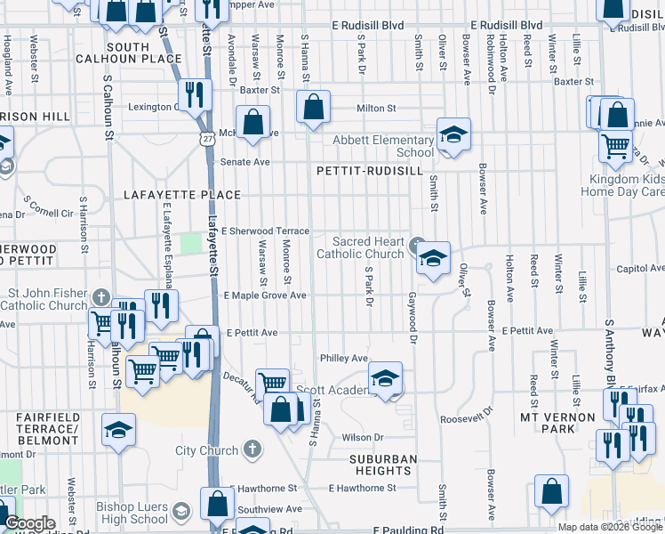 map of restaurants, bars, coffee shops, grocery stores, and more near 4640 Weisser Park Avenue in Fort Wayne