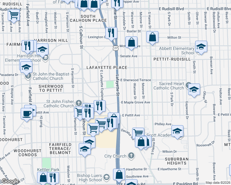map of restaurants, bars, coffee shops, grocery stores, and more near 4636 Lafayette Street in Fort Wayne