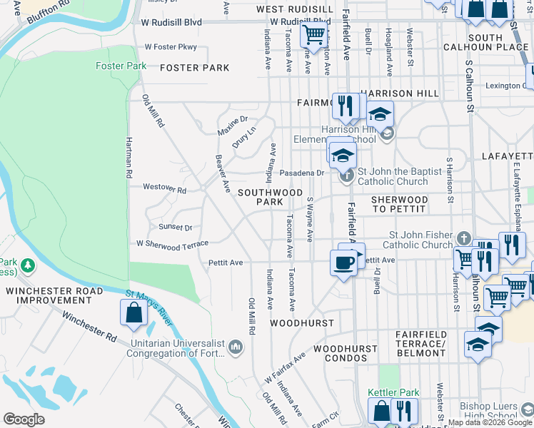map of restaurants, bars, coffee shops, grocery stores, and more near 4623 Indiana Avenue in Fort Wayne