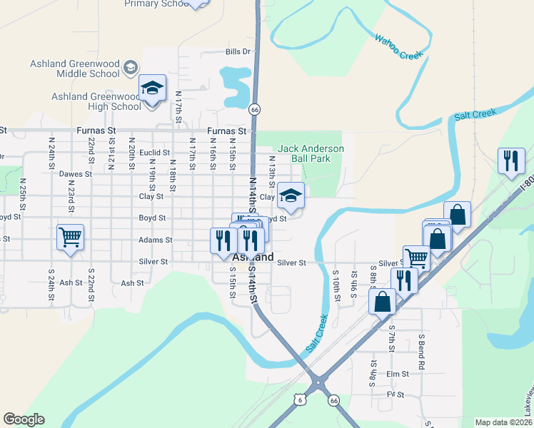 map of restaurants, bars, coffee shops, grocery stores, and more near 1302 Boyd Street in Ashland