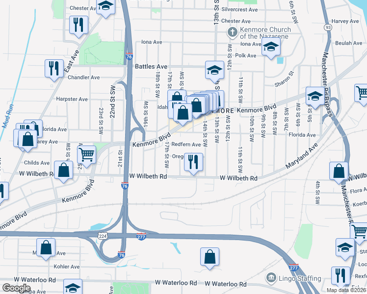 map of restaurants, bars, coffee shops, grocery stores, and more near 936 Redfern Avenue in Akron