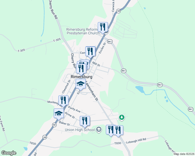 map of restaurants, bars, coffee shops, grocery stores, and more near 127-137 East Broad Street in Rimersburg