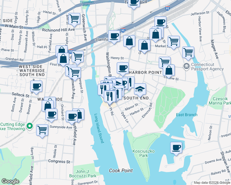 map of restaurants, bars, coffee shops, grocery stores, and more near in Stamford