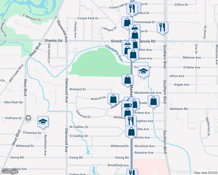 map of restaurants, bars, coffee shops, grocery stores, and more near 5611 Gilbert Drive in Youngstown