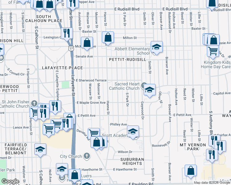 map of restaurants, bars, coffee shops, grocery stores, and more near 4646 Weisser Park Avenue in Fort Wayne