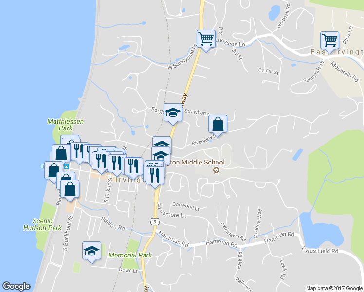 map of restaurants, bars, coffee shops, grocery stores, and more near 3 Riverview Road in Irvington