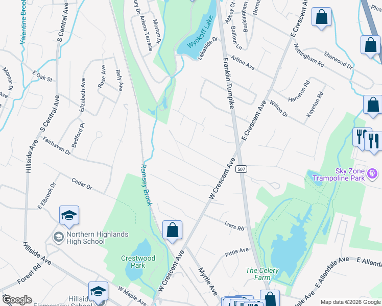 map of restaurants, bars, coffee shops, grocery stores, and more near 93 Heights Road in Allendale