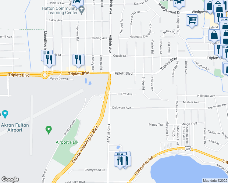 map of restaurants, bars, coffee shops, grocery stores, and more near 737 George Washington Boulevard in Akron