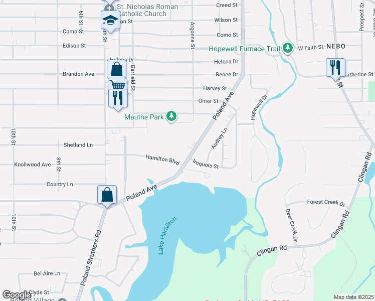 map of restaurants, bars, coffee shops, grocery stores, and more near 621 Poland Avenue in Struthers