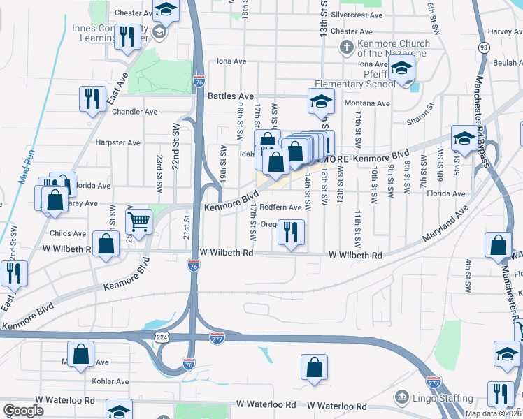 map of restaurants, bars, coffee shops, grocery stores, and more near 936 Redfern Avenue in Akron