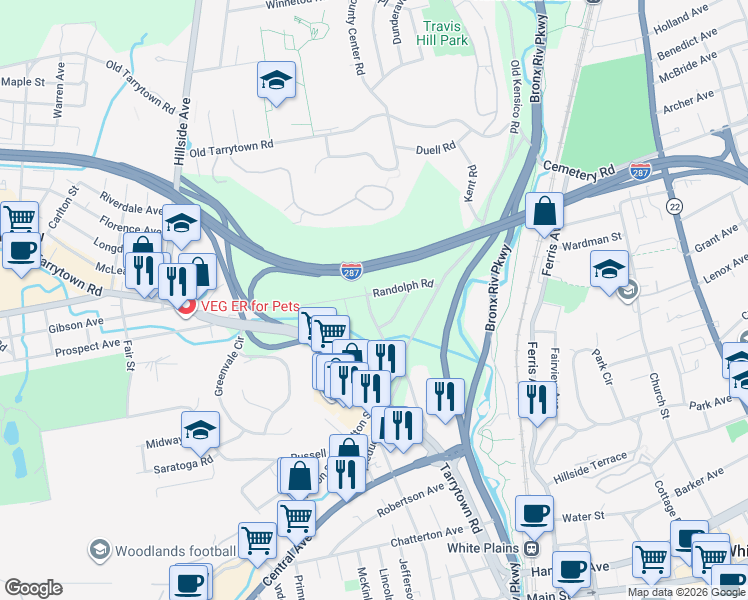 map of restaurants, bars, coffee shops, grocery stores, and more near 94 County Center Road in White Plains