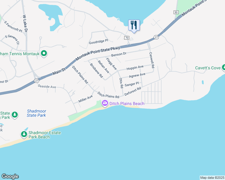 map of restaurants, bars, coffee shops, grocery stores, and more near 24 Reuter Place in Montauk