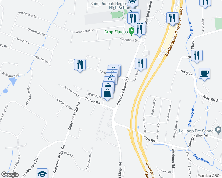 map of restaurants, bars, coffee shops, grocery stores, and more near 427 Chestnut Ridge Road in Woodcliff Lake