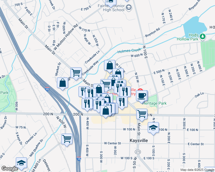 map of restaurants, bars, coffee shops, grocery stores, and more near 350 Main Street in Kaysville