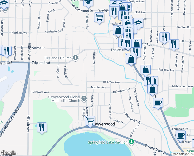map of restaurants, bars, coffee shops, grocery stores, and more near 805 Utica Avenue in Akron