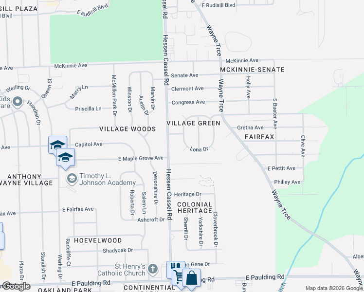 map of restaurants, bars, coffee shops, grocery stores, and more near 4724 Wellington Drive in Fort Wayne