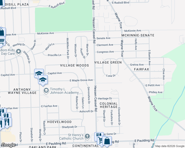 map of restaurants, bars, coffee shops, grocery stores, and more near 4706 Hessen Cassel Road in Fort Wayne