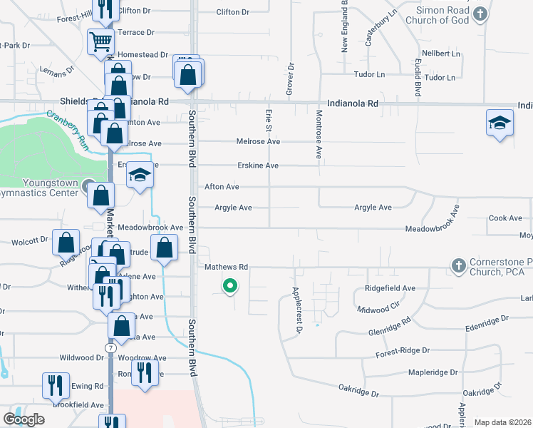 map of restaurants, bars, coffee shops, grocery stores, and more near 197 Argyle Avenue in Youngstown