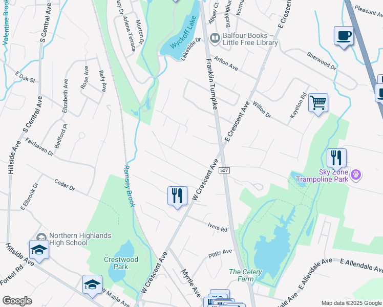 map of restaurants, bars, coffee shops, grocery stores, and more near 56 Heights Rd in Allendale