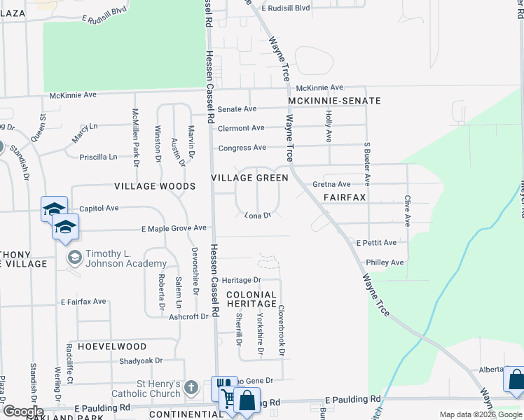 map of restaurants, bars, coffee shops, grocery stores, and more near 4737 Barrington Dr in Fort Wayne