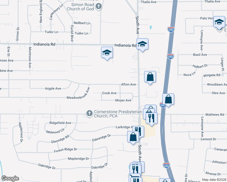 map of restaurants, bars, coffee shops, grocery stores, and more near 862 Cook Avenue in Youngstown