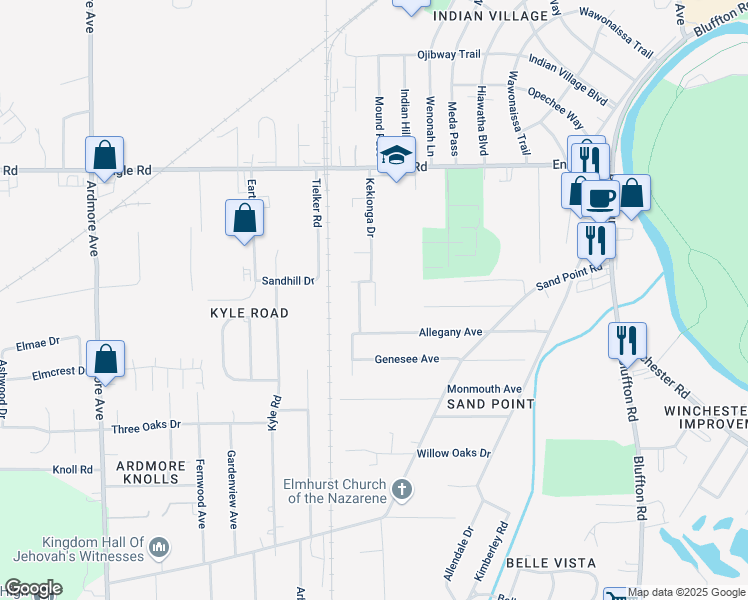 map of restaurants, bars, coffee shops, grocery stores, and more near 4613 Kekionga Drive in Fort Wayne
