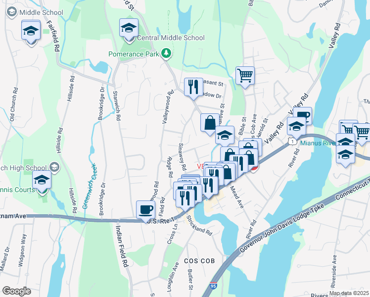 map of restaurants, bars, coffee shops, grocery stores, and more near 8 Tremont Street in Greenwich