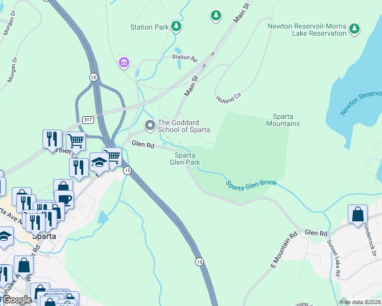 map of restaurants, bars, coffee shops, grocery stores, and more near 6 Glenside Trail in Sparta