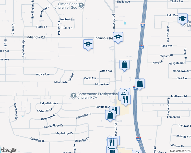 map of restaurants, bars, coffee shops, grocery stores, and more near 862 Cook Avenue in Youngstown