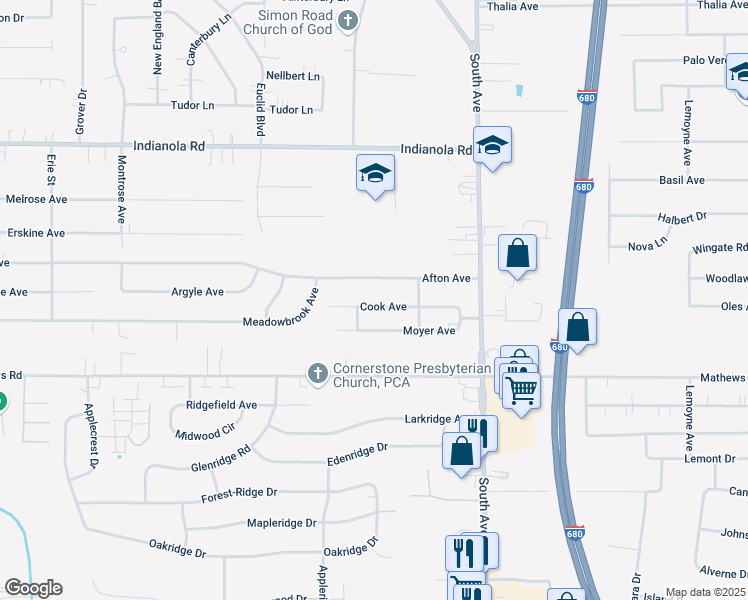 map of restaurants, bars, coffee shops, grocery stores, and more near 800 Cook Avenue in Youngstown