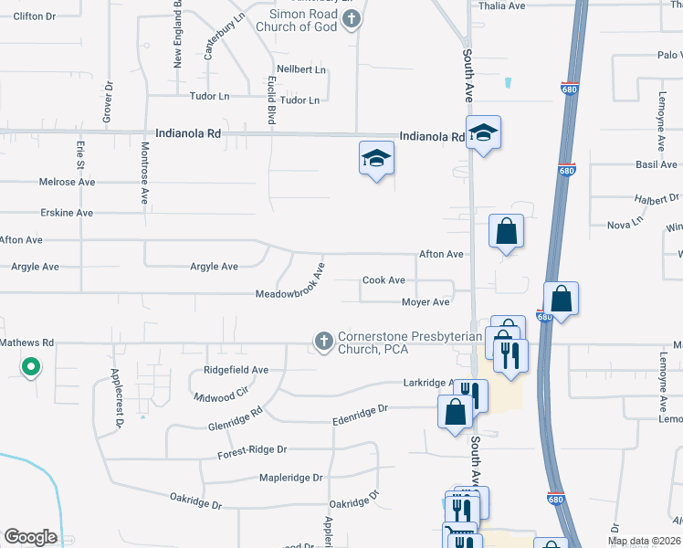 map of restaurants, bars, coffee shops, grocery stores, and more near 483 Meadowbrook Avenue in Youngstown
