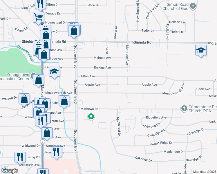 map of restaurants, bars, coffee shops, grocery stores, and more near 197 Argyle Avenue in Youngstown