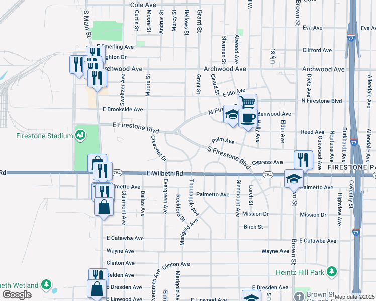 map of restaurants, bars, coffee shops, grocery stores, and more near 230 South Firestone Boulevard in Akron