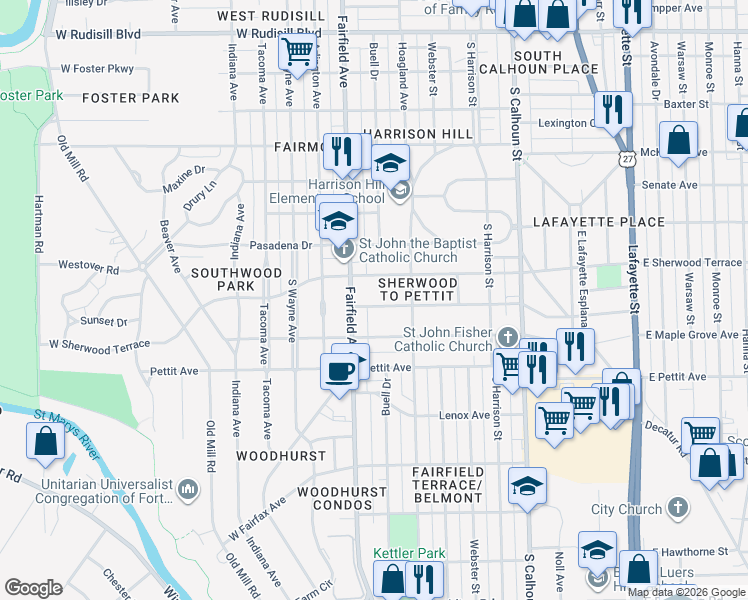map of restaurants, bars, coffee shops, grocery stores, and more near 440 West Fleming Avenue in Fort Wayne