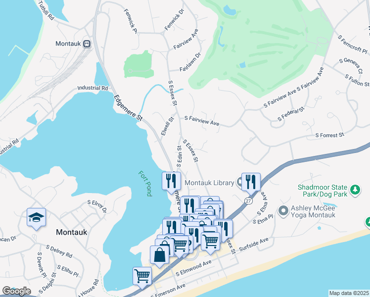 map of restaurants, bars, coffee shops, grocery stores, and more near 161 Essex Street in Montauk