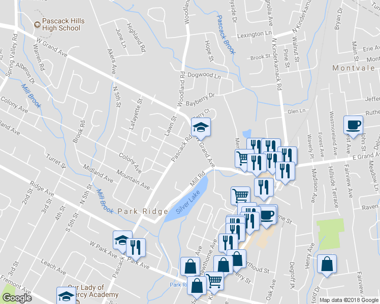 map of restaurants, bars, coffee shops, grocery stores, and more near 223 Pascack Road in Park Ridge
