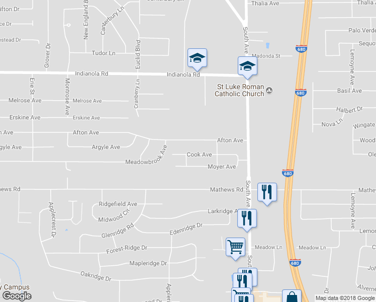 map of restaurants, bars, coffee shops, grocery stores, and more near 800 Cook Avenue in Youngstown