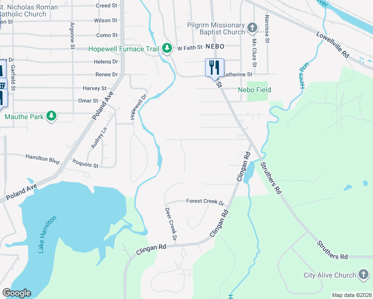 map of restaurants, bars, coffee shops, grocery stores, and more near 38 Eve Drive in Struthers