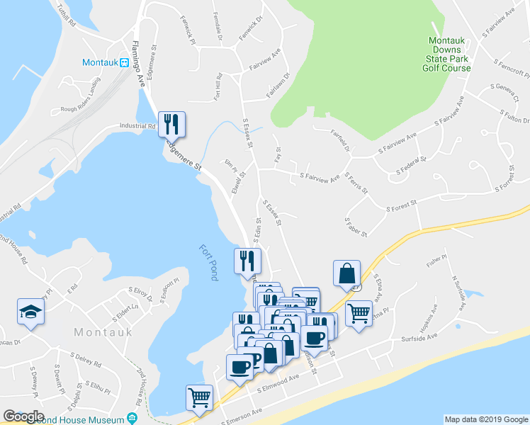 map of restaurants, bars, coffee shops, grocery stores, and more near 161 South Essex Street in Montauk