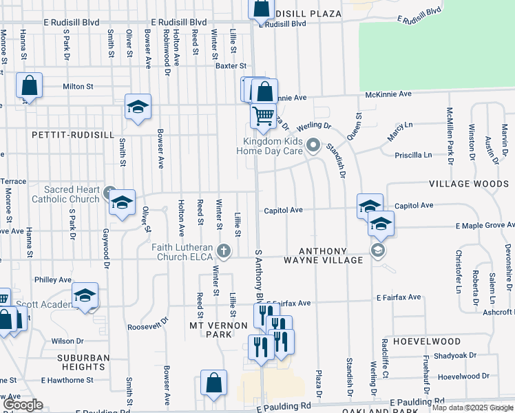 map of restaurants, bars, coffee shops, grocery stores, and more near 4720 South Anthony Boulevard in Fort Wayne
