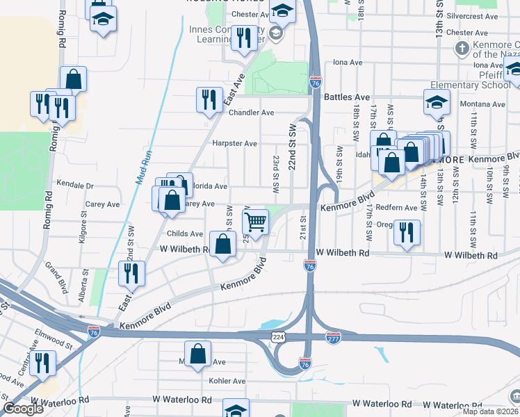 map of restaurants, bars, coffee shops, grocery stores, and more near 2290 24th Street Southwest in Akron