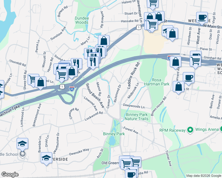 map of restaurants, bars, coffee shops, grocery stores, and more near 33 Center Drive in Greenwich