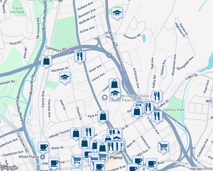 map of restaurants, bars, coffee shops, grocery stores, and more near 26 Crane Avenue in White Plains