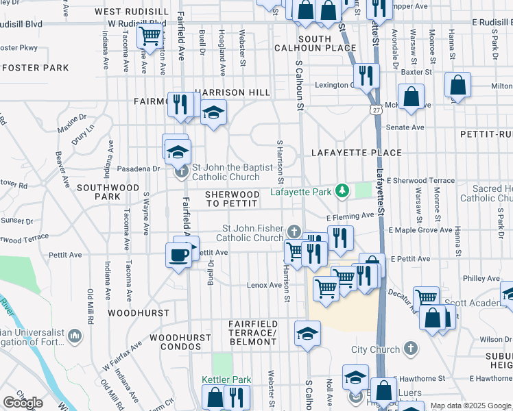 map of restaurants, bars, coffee shops, grocery stores, and more near 302 West Fleming Avenue in Fort Wayne