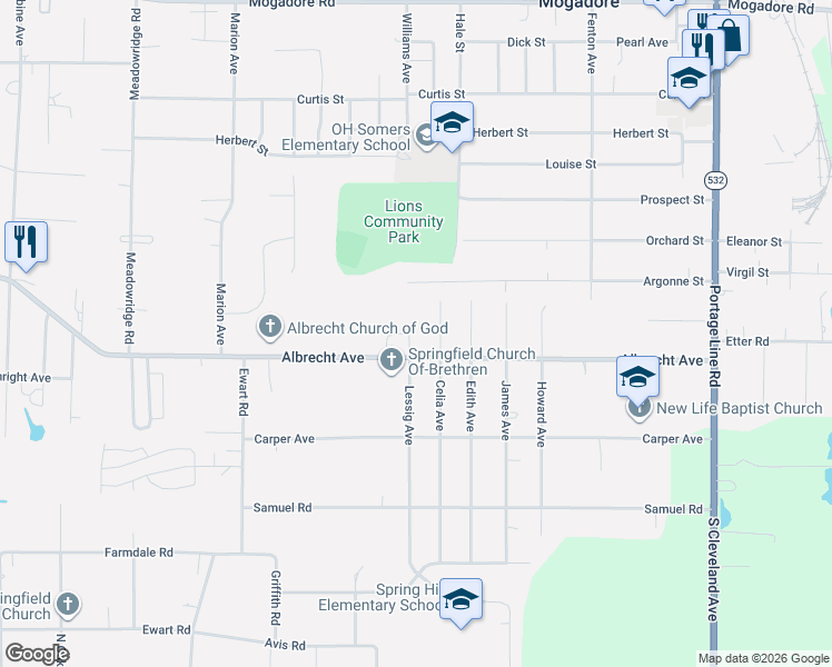 map of restaurants, bars, coffee shops, grocery stores, and more near 353 Lessig Avenue in Akron