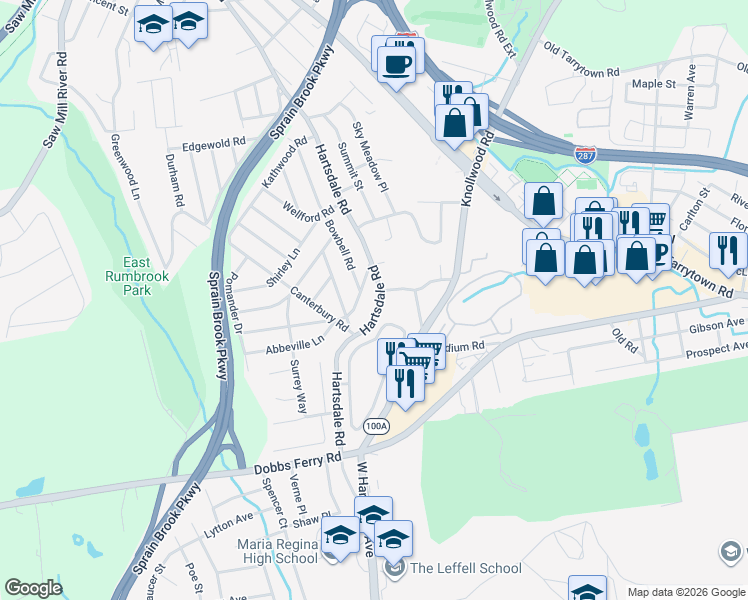 map of restaurants, bars, coffee shops, grocery stores, and more near 798 Hartsdale Road in White Plains