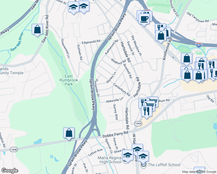 map of restaurants, bars, coffee shops, grocery stores, and more near 80 Barnwell Drive in White Plains