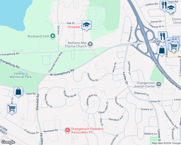 map of restaurants, bars, coffee shops, grocery stores, and more near 24 Dutchess Drive in Orangeburg
