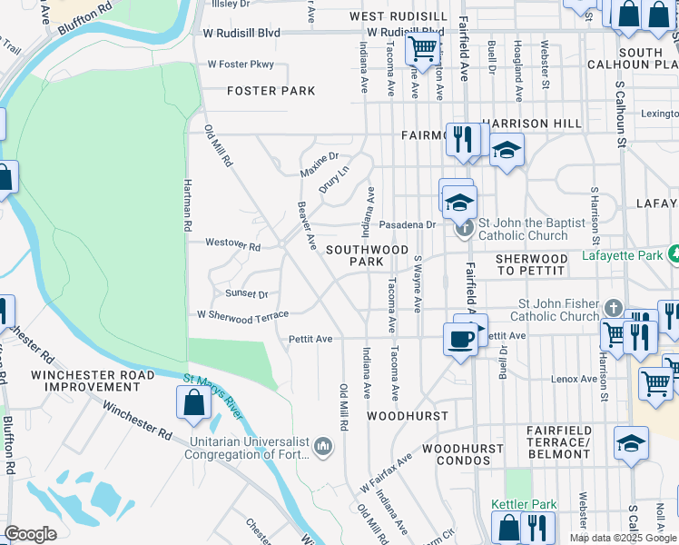 map of restaurants, bars, coffee shops, grocery stores, and more near 4629 Beaver Avenue in Fort Wayne